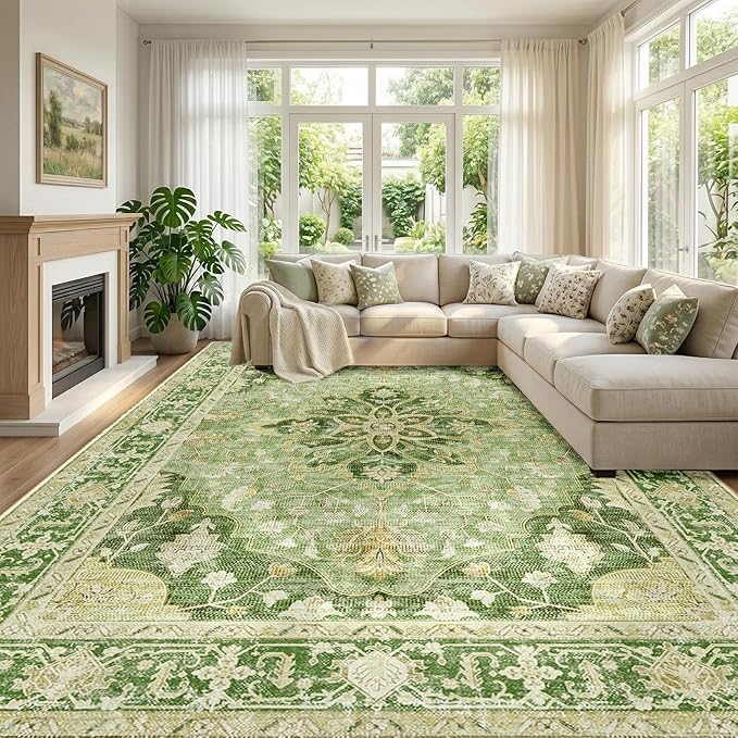 RELEANY Area Rugs Large 10'x14' Washable Non-Slip, Floral Vintage Distress by RELEANY