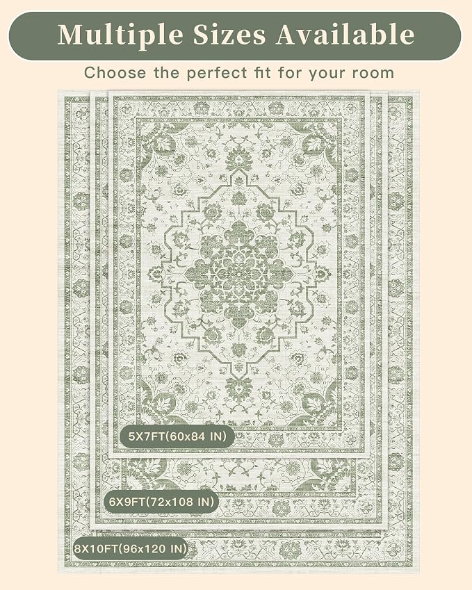 Madane 9x12 Area Rugs for Living Room, Machine Washable Vintage Green Rug - Image 9