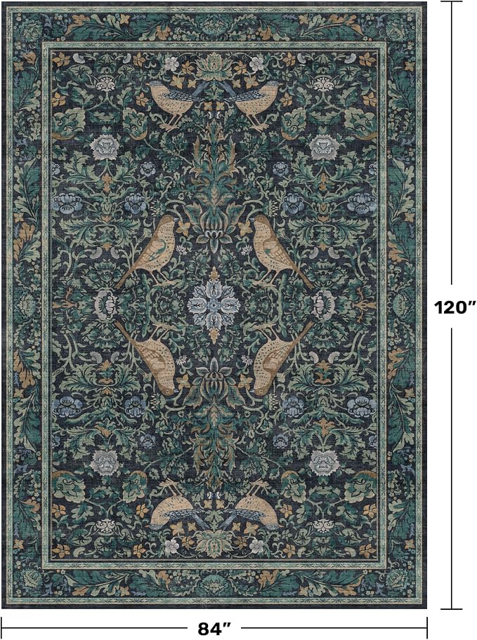 Boho Living Room Rug, 7x10 Floral & Bird Pattern Area Rug - Image 2