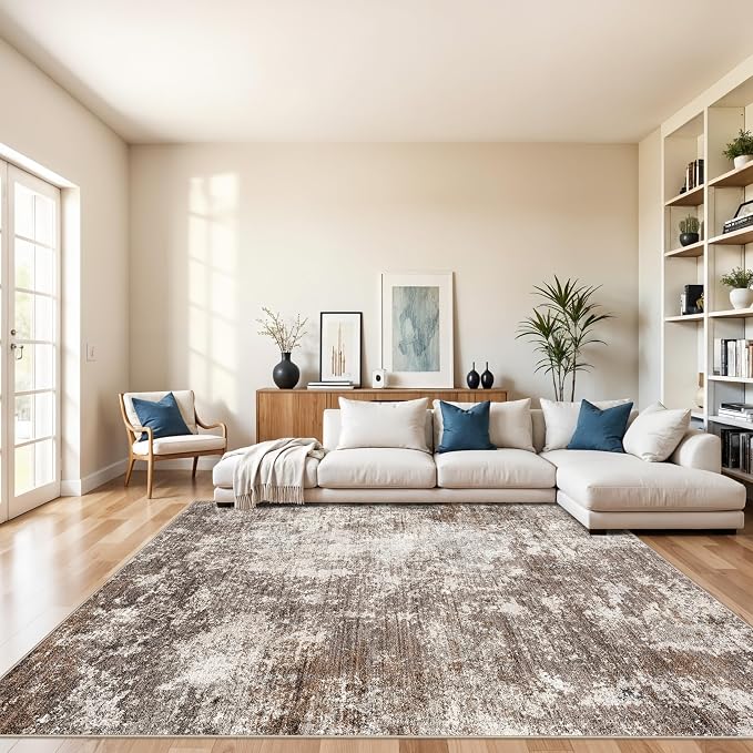 8x10 Washable Living Room Rug – Modern Neutral Abstract Large Area Rug by BYYVOORugsforYourHome