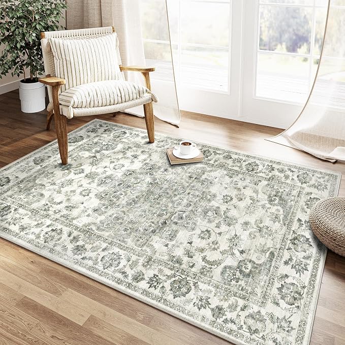 3x5 Washable Neutral Area Rug Green Vintage Entryway Office Carpet Non-Slip - Image 2