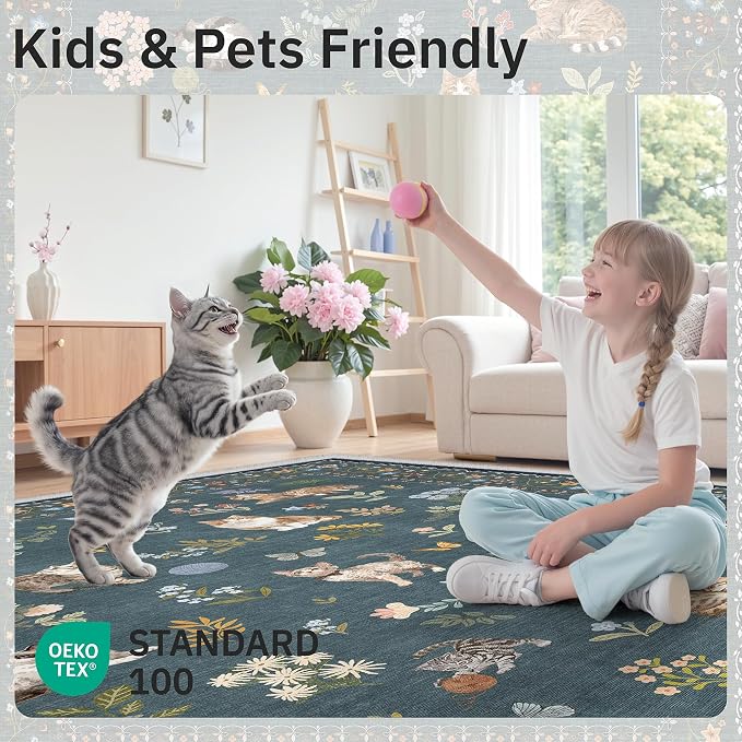 Soalmost Cat 3x5 Area Rugs for Entryway, Machine Washable Animal Floral Accent - Image 5