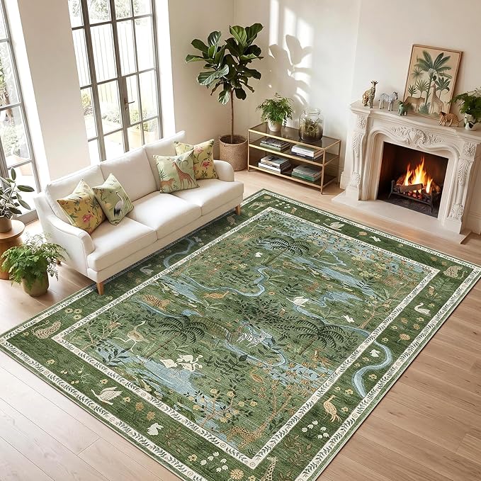 Washable Area Rug 5x7 Green Animal Print Rugs - Image 9
