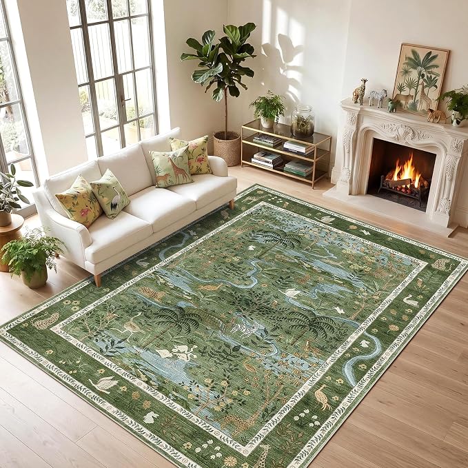 8x10 Washable Rug for Living Room Green Animal Print Large Bedroom Rugs Non by Garvee