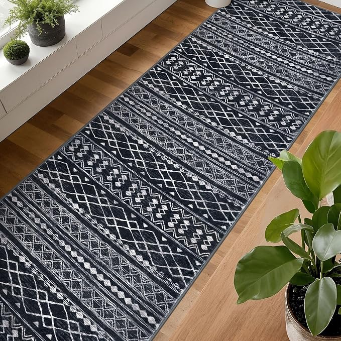 KUTA Long Hallway Runner Rug 2.6x16 Non-Slip Washable, Moroccan Vintage Black - Image 3