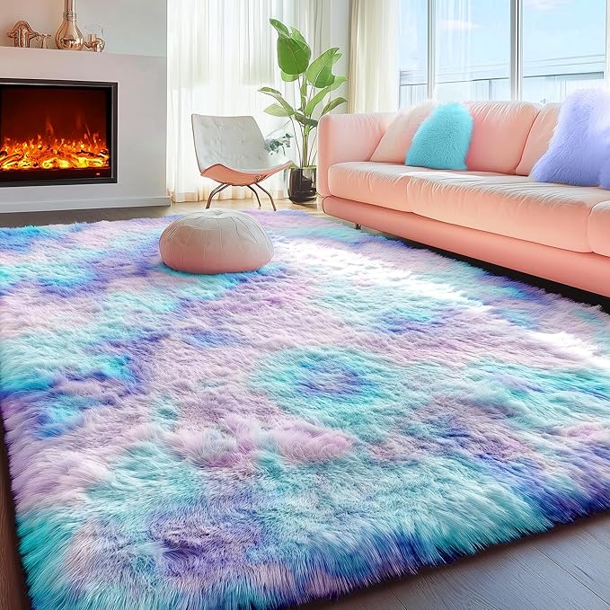 PAGISOFE Cute Furry Pastel Rug for Girls Bedroom, Soft Adorable Rainbow Purple - Image 5