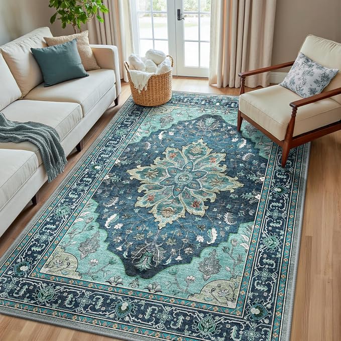 RELEANY Area Rugs 5'x8' Washable Non-Slip, Floral Vintage Distress Medallion by RELEANY