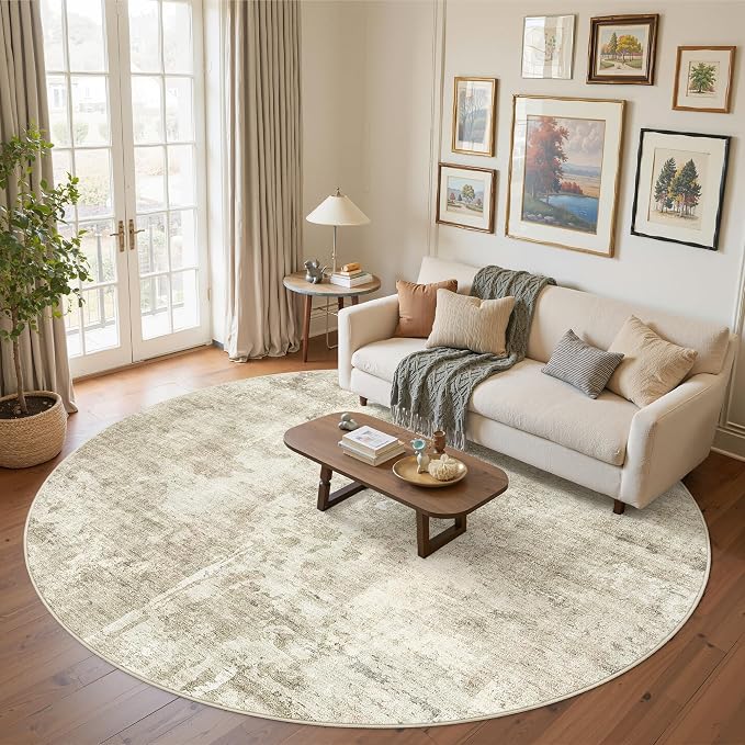Soalmost 9x9 Beige Gray Round Rug 9ft Living Room Circle Rug Vintage Round Area - Image 2