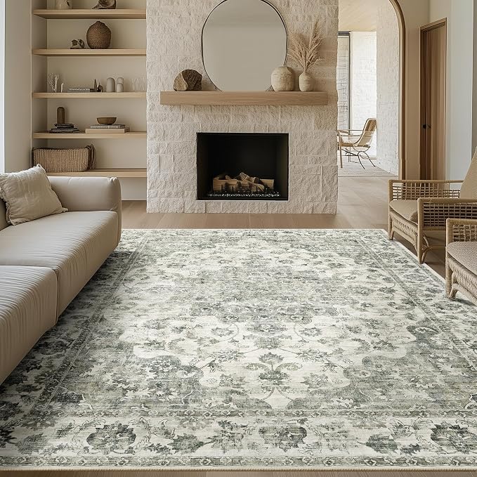 10x12 Neutral Area Rug Green Vintage Living Room Bedroom Washable Carpet - Image 3