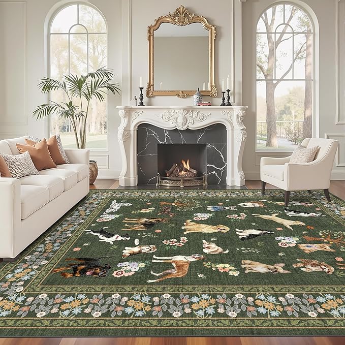 Dogs Area Rugs 9x12 Living Room, Washable Rug Non Slip Floral Low Pile Large Rug - Image 3