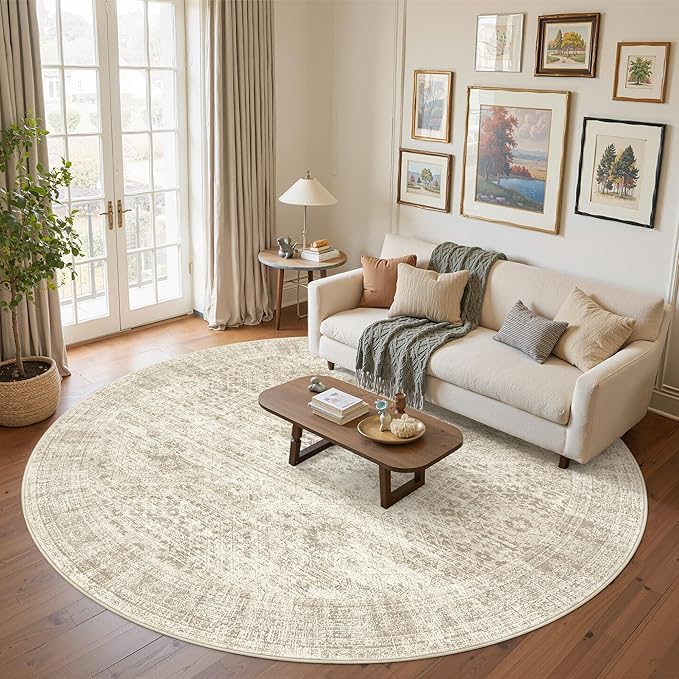Soalmost 8x8 Beige Round Rug 8ft Living Room Circle Rug Vintage Round Area Rug by Soalmost