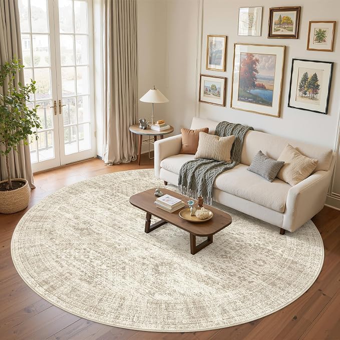 Soalmost 9x9 Beige Round Rug 9ft Living Room Circle Rug Vintage Round Area Rug by Soalmost
