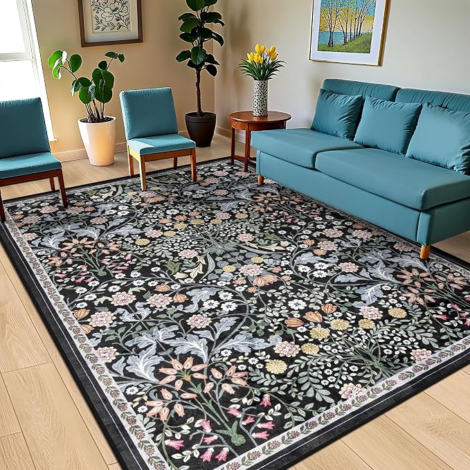 Area Rugs 9x12 Living Room: Floral Washable Rug Vintage Large Soft Boho - Image 2