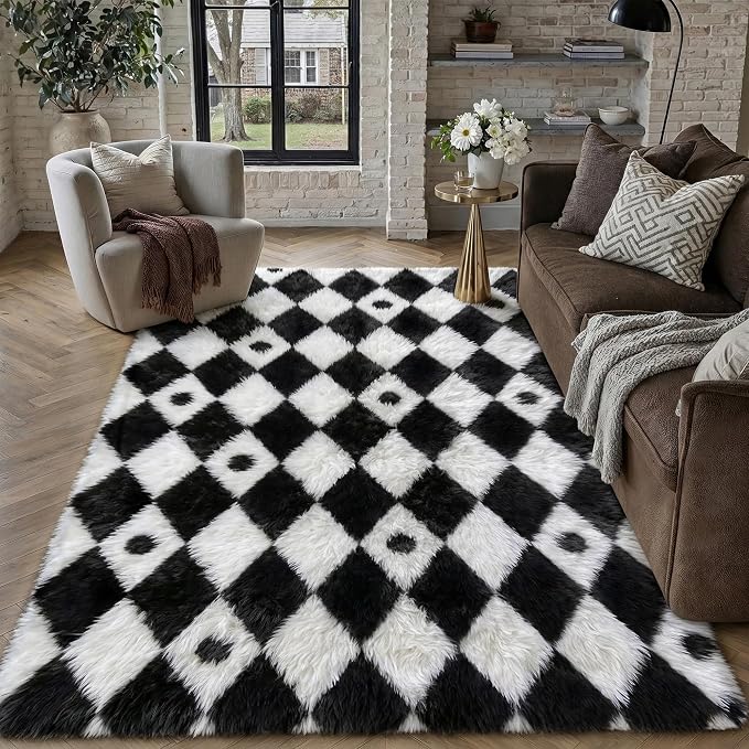 PureCozy Checkered Rug 5x7 Fluffy Shag Living Room Black and White Area Rug by PureCozy