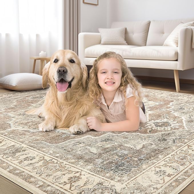 9x12 Washable Area Rug: Vintage Neutral Soft Non Slip Thin Large Floor Carpet - Image 7