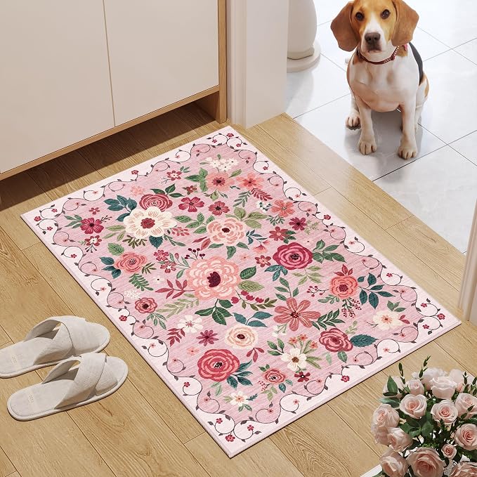 DUKINO 2x3 Rugs for Entryway, Floral Indoor Washable Door Mat, Non Slip Boho - Image 3