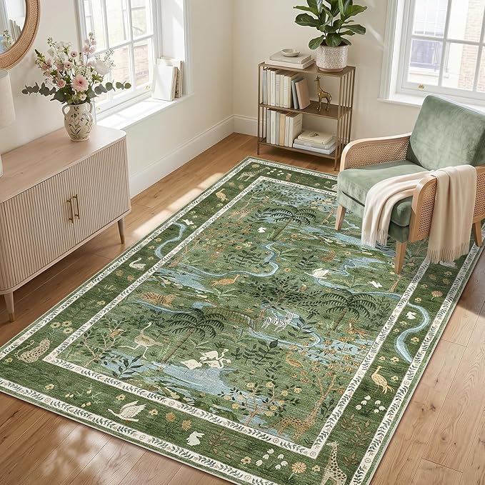8x10 Washable Rug for Living Room Green Animal Print Large Bedroom Rugs Non - Image 9