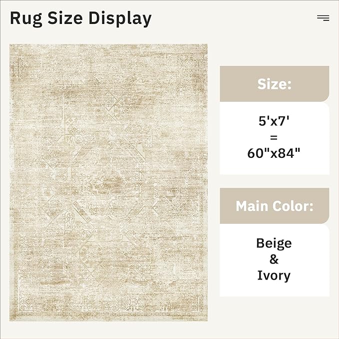 Soalmost 5x7 Area Rugs Beige Low Pile Indoor Washable Trendy Faded Style Floral - Image 3