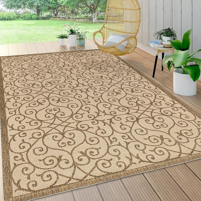 JONATHAN Y Vintage Filigree Indoor Outdoor Area Rug 6X9 Beige/Brown, Madrid - Image 3