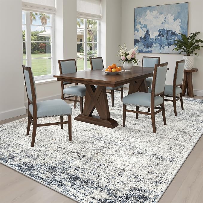 Soalmost 5x8 Area Rugs Blue Ivory Low Pile Indoor Washable Trendy Faded Style - Image 4