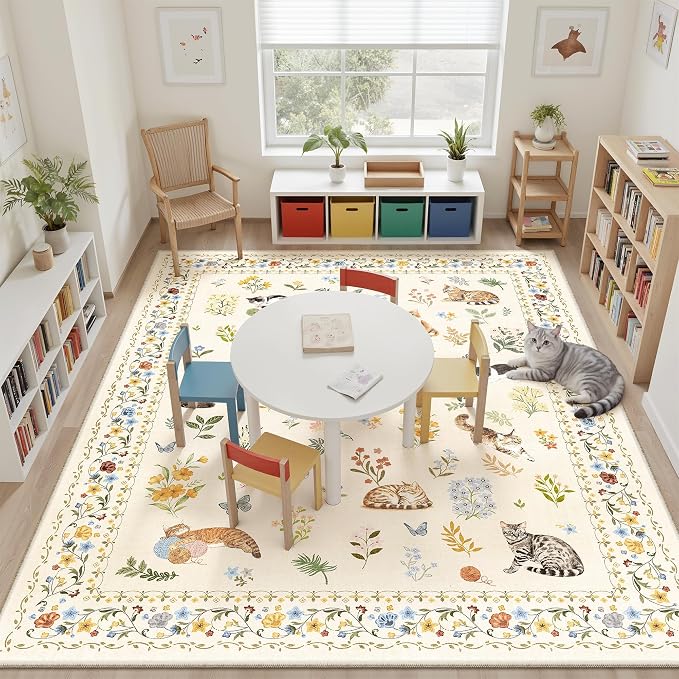 Soalmost Cat 9x12 Area Rugs for Living Room, Machine Washable Animal Floral - Image 2
