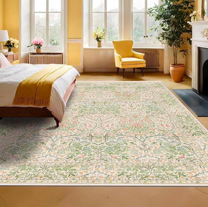 Hazo Haus Light Beige Green Floral Living Room Rug, 7x9 Washable Area Rug - Image 3