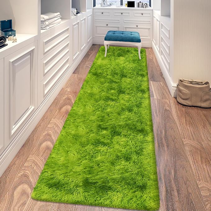 Grass Green Tie Dyed Rug 2x8 ft Plush High Pile Shag Carpet Fluffy Soft Runner - Image 6