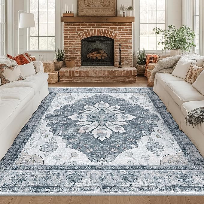 RELEANY Area Rugs Square 8ft Washable Non-Slip, Floral Vintage Distress by RELEANY