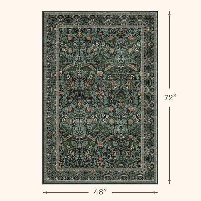 Floral 4x6 Boho Rugs for Living Room, Dark Green Washable Kitchen Floor Mats - Image 2