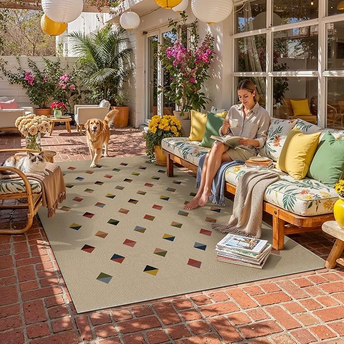 HUGEAR 5x7 Jute Outdoor Indoor Checkered Rug Washable Linen Textured Weave High - Image 2