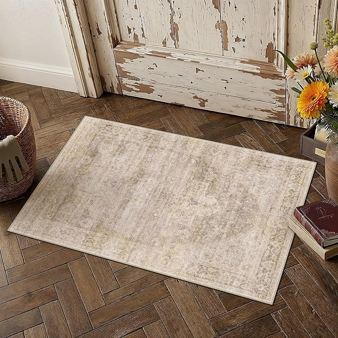 2x3 Washable Neutral Area Rug Beige Vintage Entryway Kitchen Carpet Non-Slip - Image 3