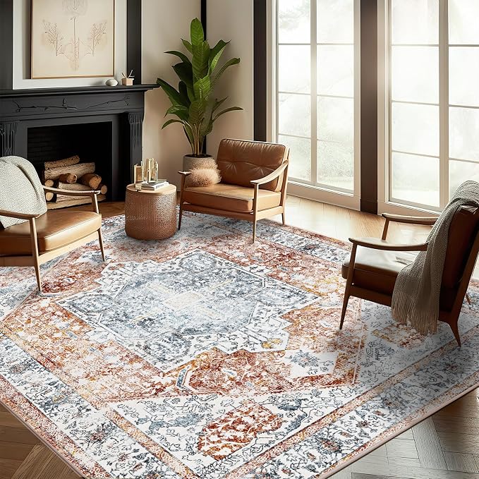 CHAMPLANT Area Rug 8x10 Washable Rug Tangerine Vintage Traditional Mat - Image 2