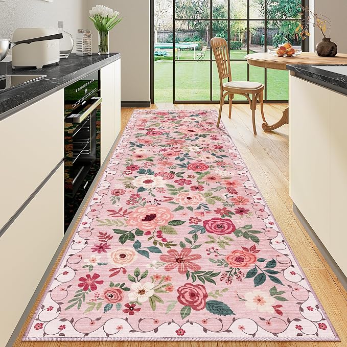 DUKINO 3x10 Runner Rug for Hallway, Washable Kitchen Floral Runner Rug by DUKINO