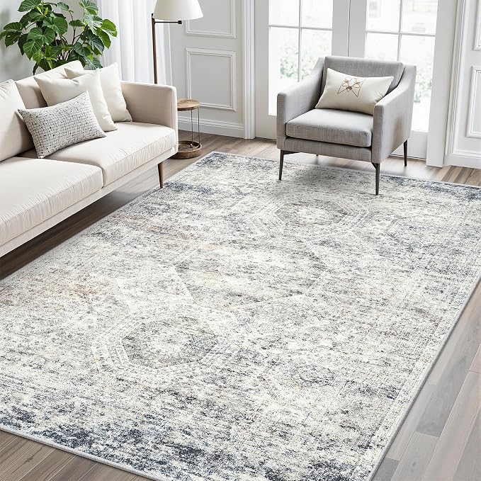 Soalmost 5x7 Area Rugs Blue Ivory Low Pile Indoor Washable Trendy Faded Style - Image 2