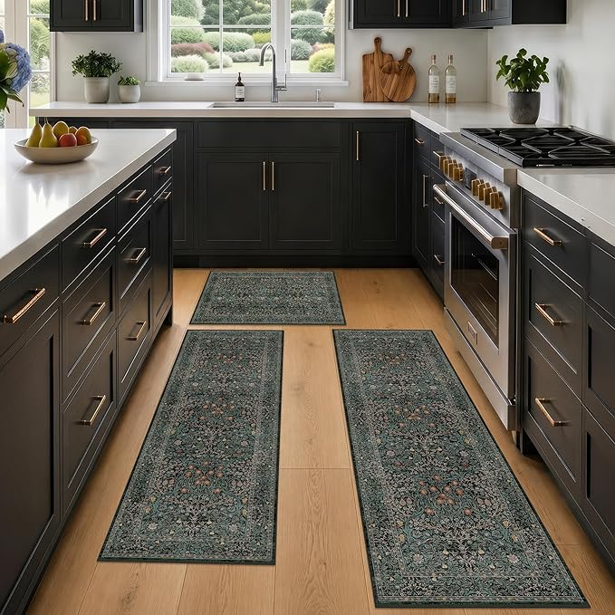 Black Green Kitchen Rug Set of 3, Washable Non-Slip Mats - Image 6