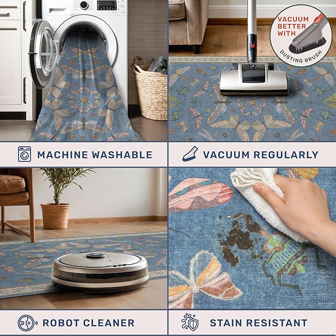 Washable 7x9 Area Rug for Living Room, Dusty Blue Modern Boho Carpet for - Image 5