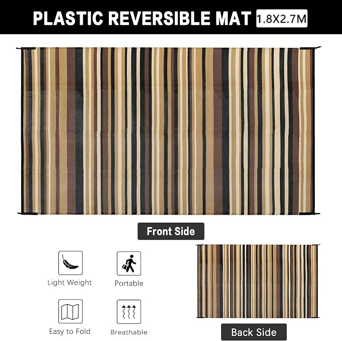 Outdoor Plastic Straw Rug Waterproof Patio 6x9 Brown Black Stripe Mat - Image 2