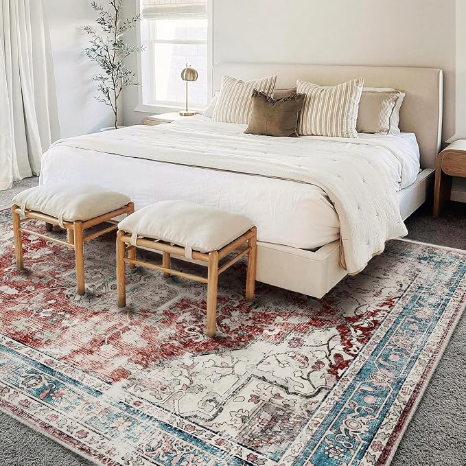 CHAMPLANT Area Washable Rug 5'x7' Red Blue Washable Vintage Traditional Floor - Image 2