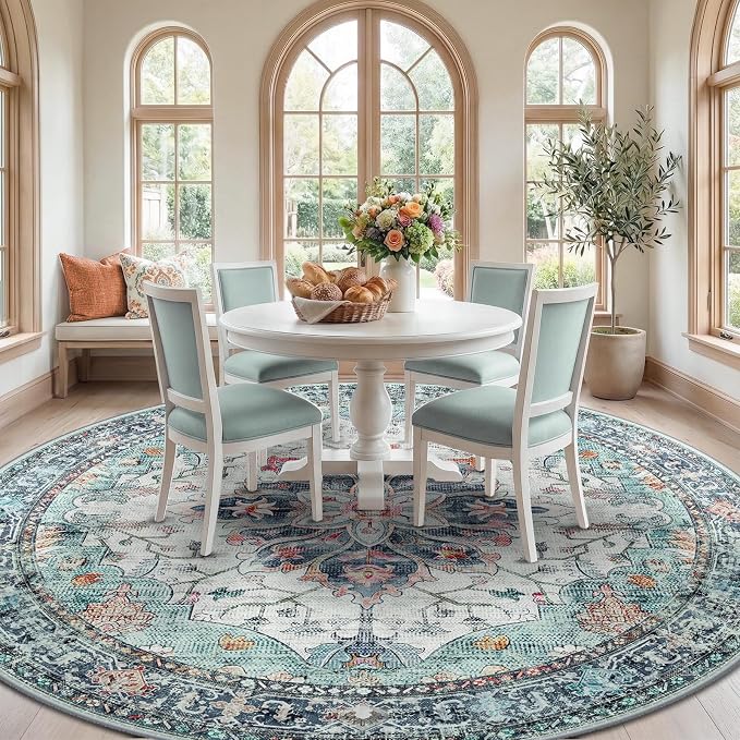 RELEANY Area Rugs Round 8ft Washable Non-Slip, Floral Vintage Distress - Image 2
