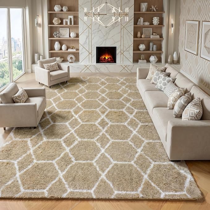ONASAR 8x10 Area Rugs for Living Room, Fluffy Beige and White Bedroom Rug by ONASAR