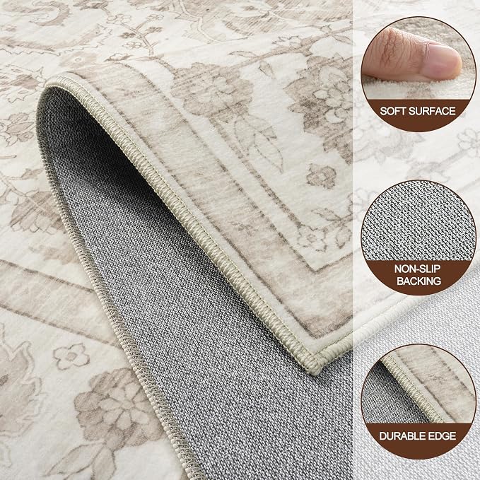 8x10 Area Rugs for Living Room:Beige Washable Vintage Medallion Carpet Non-Slip - Image 9