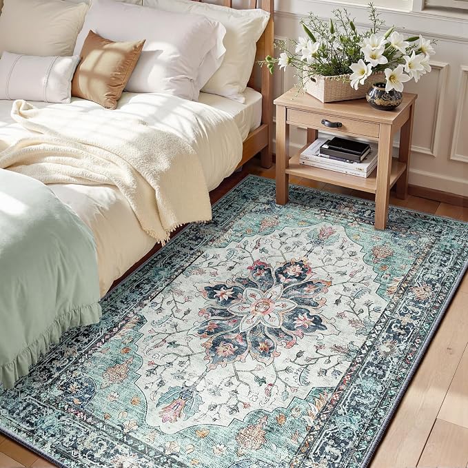 RELEANY Area Rugs 3'x5' Washable Non-Slip, Floral Vintage Distress Medallion by RELEANY