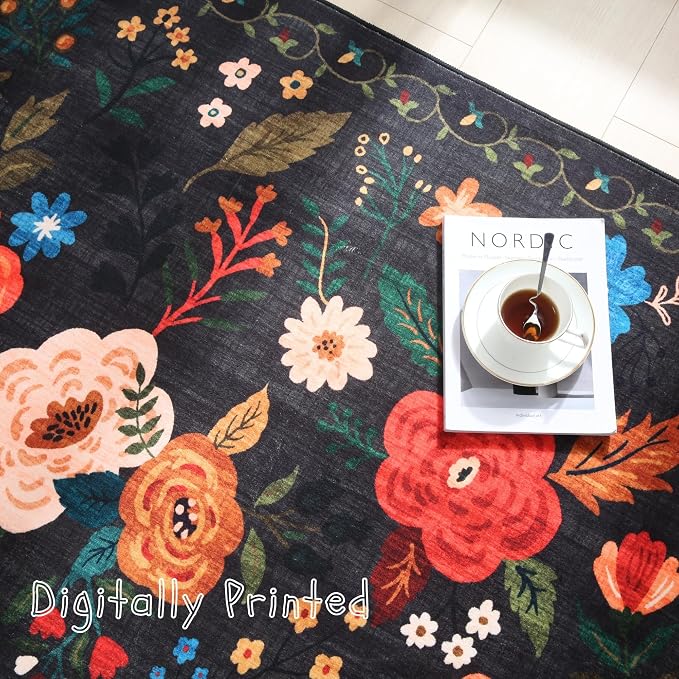 Rugcomf Round Rug 6ft Washable Circle Rug Non Slip Low Pile Boho Floral Small - Image 9
