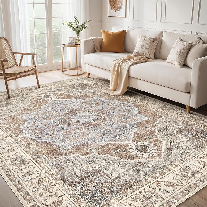 8x10 Washable Area Rug: Vintage Neutral Soft Non Slip Thin Large Floor Carpet by MICGEEK