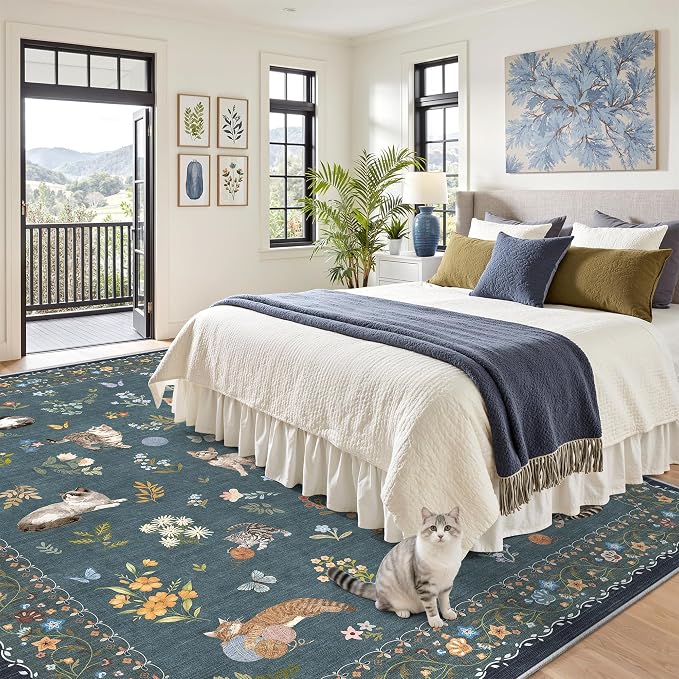 Soalmost Cat 8x10 Area Rugs for Living Room, Machine Washable Animal Floral - Image 4