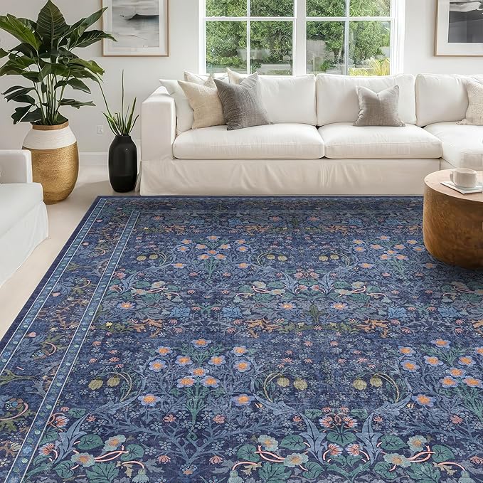 Hazo Haus Dark Blue Living Room Rug 8x10, Vintage Floral Washable Area Rugs by HazoHaus