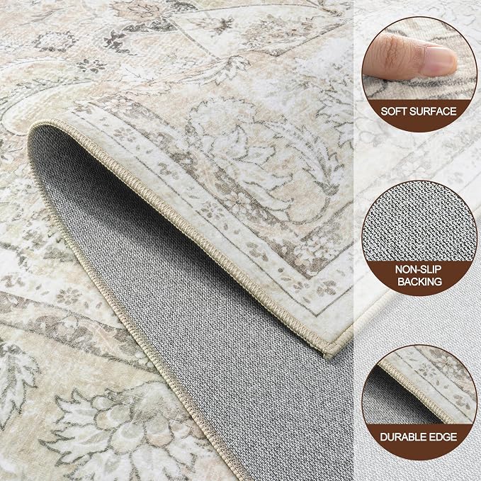 6x9 Area Rugs for Living Room:Beige Washable Vintage Medallion Carpet Non-Slip - Image 8