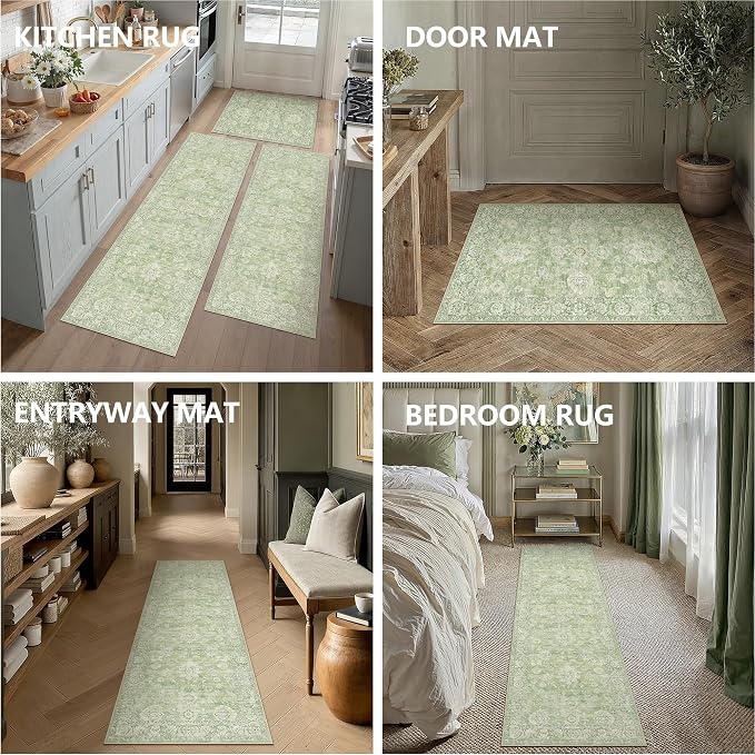 Neutral Kitchen Rug Set of 3 Washable Green Floral Kitchen Mats - Image 8
