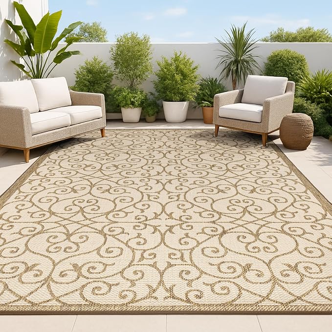 JONATHAN Y Vintage Filigree Indoor Outdoor Area Rug 5X8 Beige/Brown, Madrid by JONATHANY
