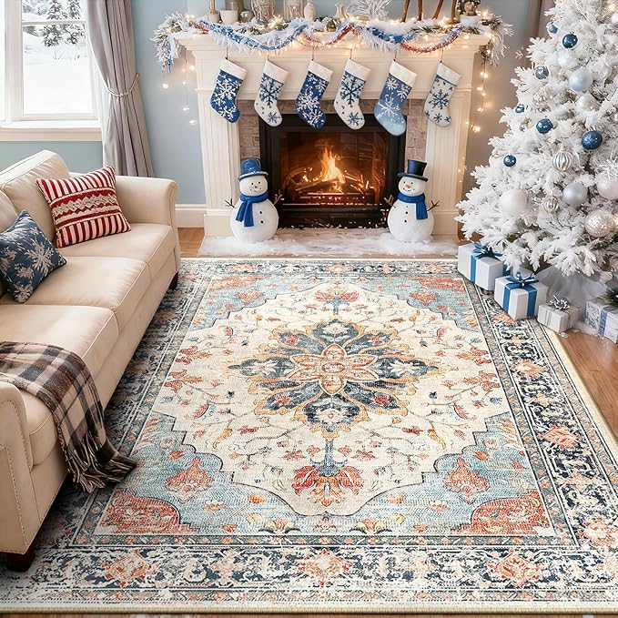 RELEANY Area Rugs 7'x9' Washable Non-Slip, Floral Vintage Distress Medallion - Image 2
